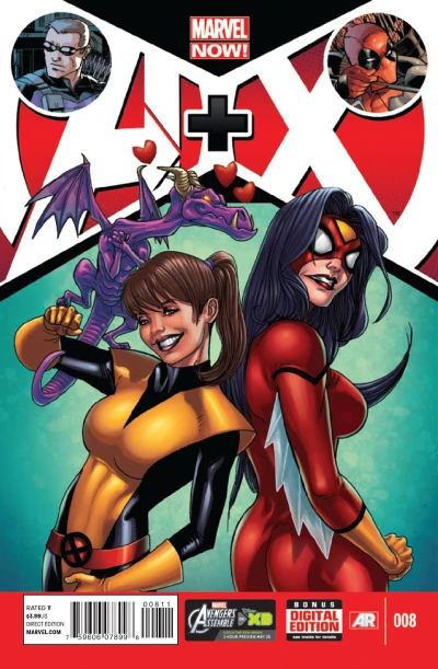 Cover of Spider-Woman + Kitty Pryde [& Lockheed]; Hawkeye + Deadpool