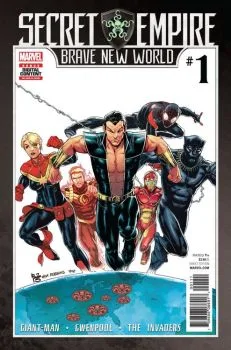 Cover of The Invaders in "Sanctuary" Part 1; Giant-Man in "Mile Hydra;" Gwenpool in "Propagandamonium"