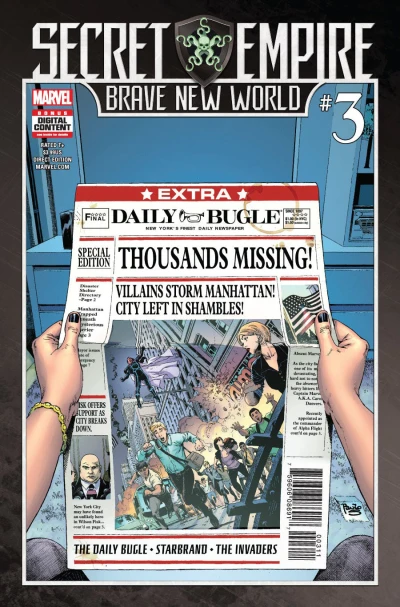 Cover of The Daily Bugle in "Back in the Fight;" Starbrand in "Walls;" The Invaders in "Sanctuary" Part 3