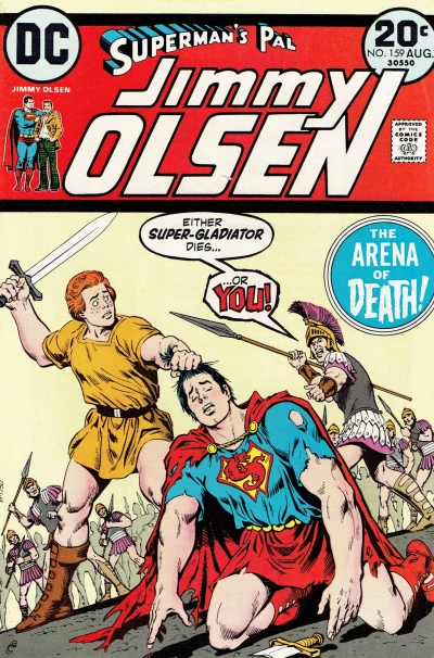 Cover of The Arena of Death; A Grave-Digger for Jimmy Olsen; The Day They Unmasked Mr. Action