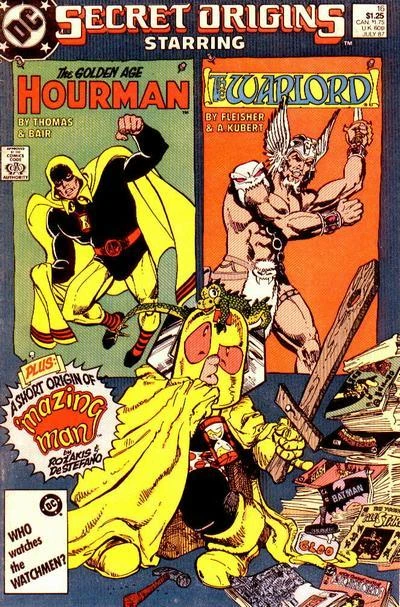 Cover of The Warlord Exiles; 'Mazing Man; The Secret Origin of the Golden Age Hourman