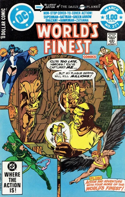 Cover of Beasts of Plague!; Green Arrow Sought for Questioning in Murder; Doppleganger; I Have My Wings and I Must Fly!; The Menace! of the Moon-Tree!