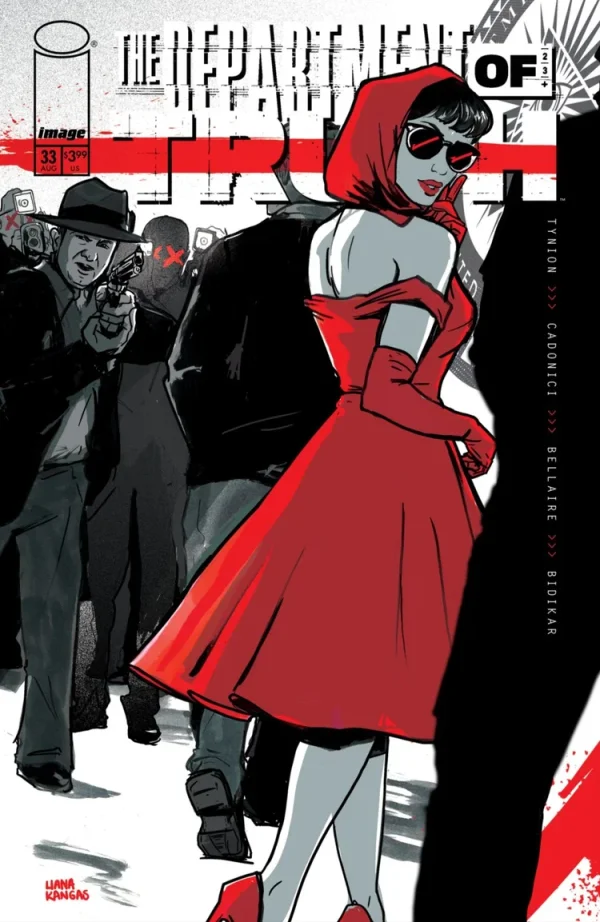 Liana Kangas variant cover for The Department of Truth #33, a woman in a red hooded dress glancing back at an armed crowd.