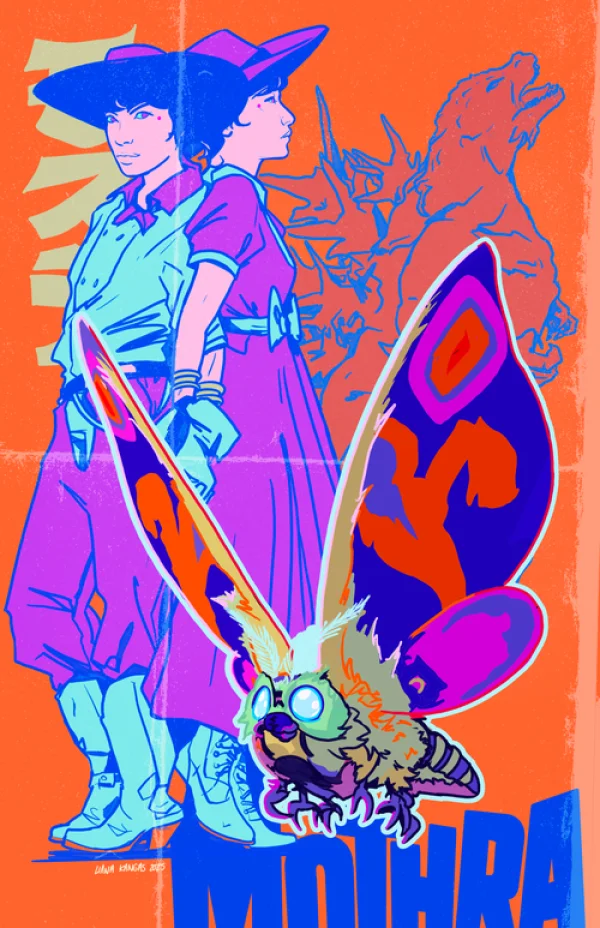 Mothra art by Liana Kangas: two figures in matching hats and dresses standing back to back, Godzilla looming behind them and Mothra below.