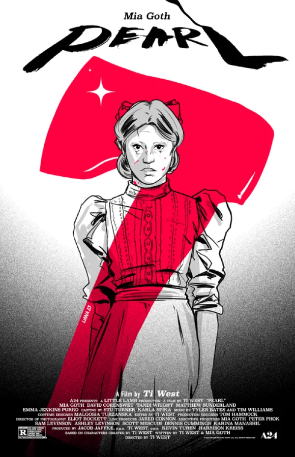 Mia Goth in Pearl print by Liana Kangas, rendered in grey line work against a red slash.