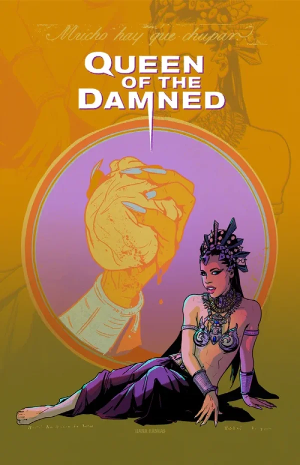 Queen of the Damned print by Liana Kangas: a crowned figure reclining beneath a cameo of a clenched hand.